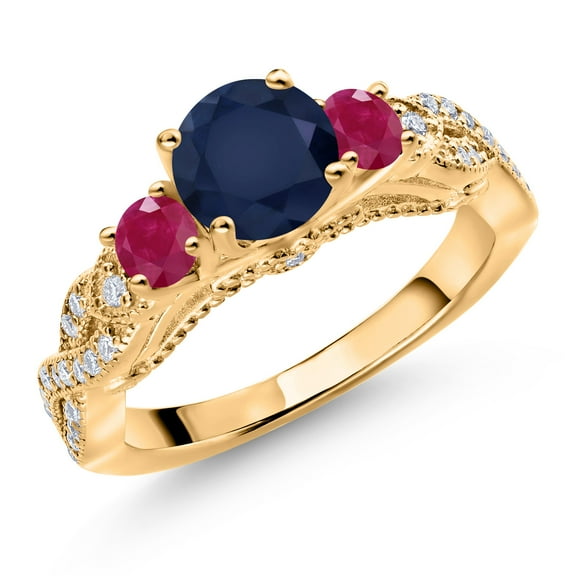 Gem Stone King 18K Yellow Gold Plated Silver Blue Sapphire Red Ruby and White Moissanite Engagement Ring for Women (1.68 Cttw, Gemstone September Birthstone, Round 6MM and 3MM, Size 9)