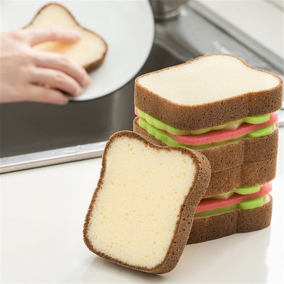 CSSAD 1PCS Kitchen Cleaning Sponges,Decontamination Dishwashing Sponge Bread Sandwich Shaped Sponge Adorable Cleaning Thickened Scrub Kitchen Sponge for Household,Bathroom,Apartments - Beige