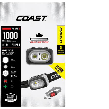 COAST RL27R Rechargeable Headlamp – 1000 Lumens, Tri-Color LED, Rear Safety Light, IP54 Rated