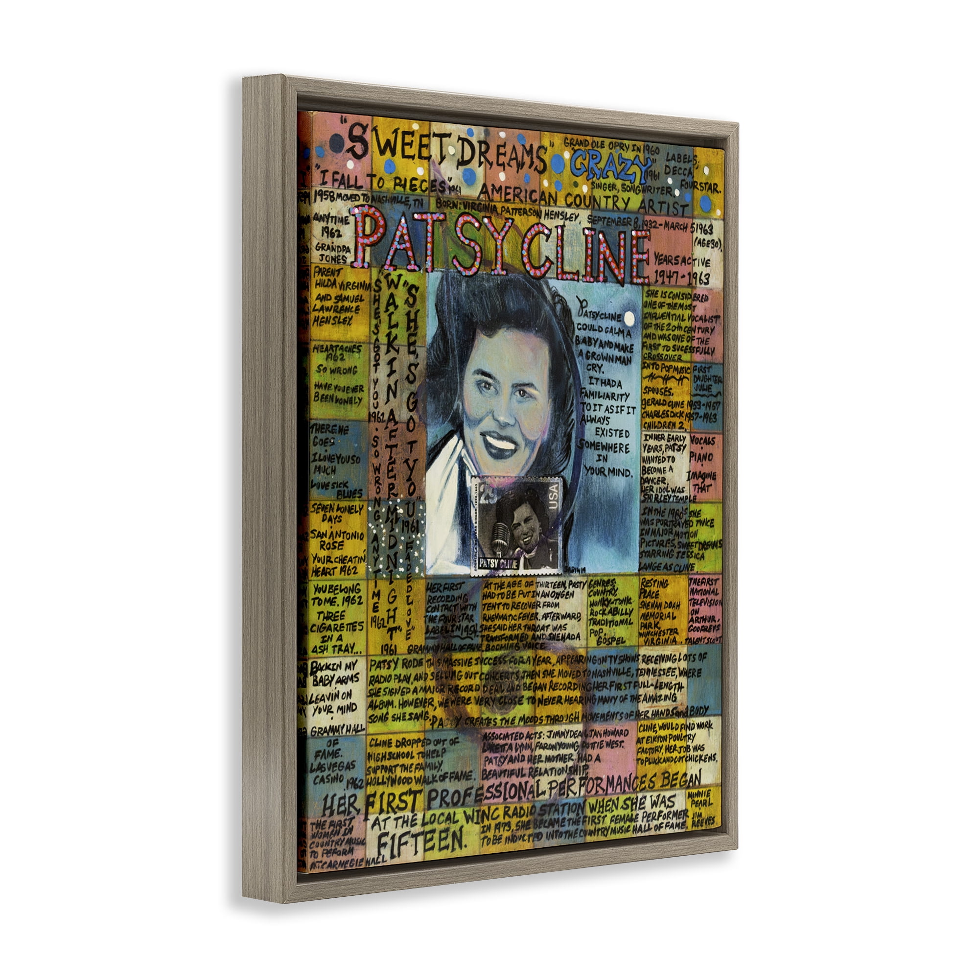 Stupell Industries Patsy Cline Collage People Drawing Brown Floater Framed Canvas Art Print Wall Art, 25 x 31