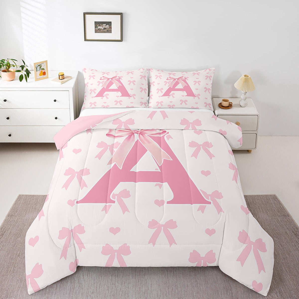 Pink Bow Comforter Set Queen Size,Initial Letter K Chic Romantic