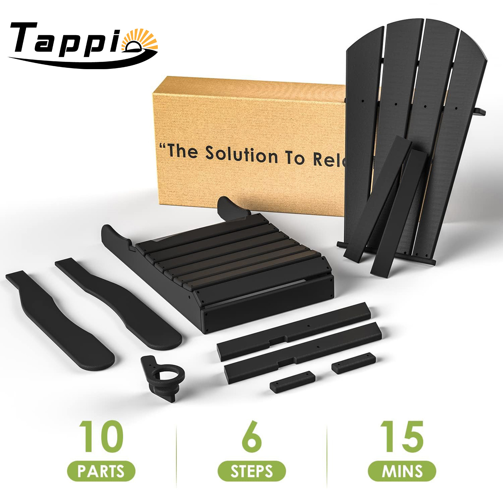 Tappio Foldable HDPE Adirondack Chair, Patio Seat All Weather Outdoor Patio Chair with Cup Holder for Lawn Yard Fire Pit, Wooden Textured, Black