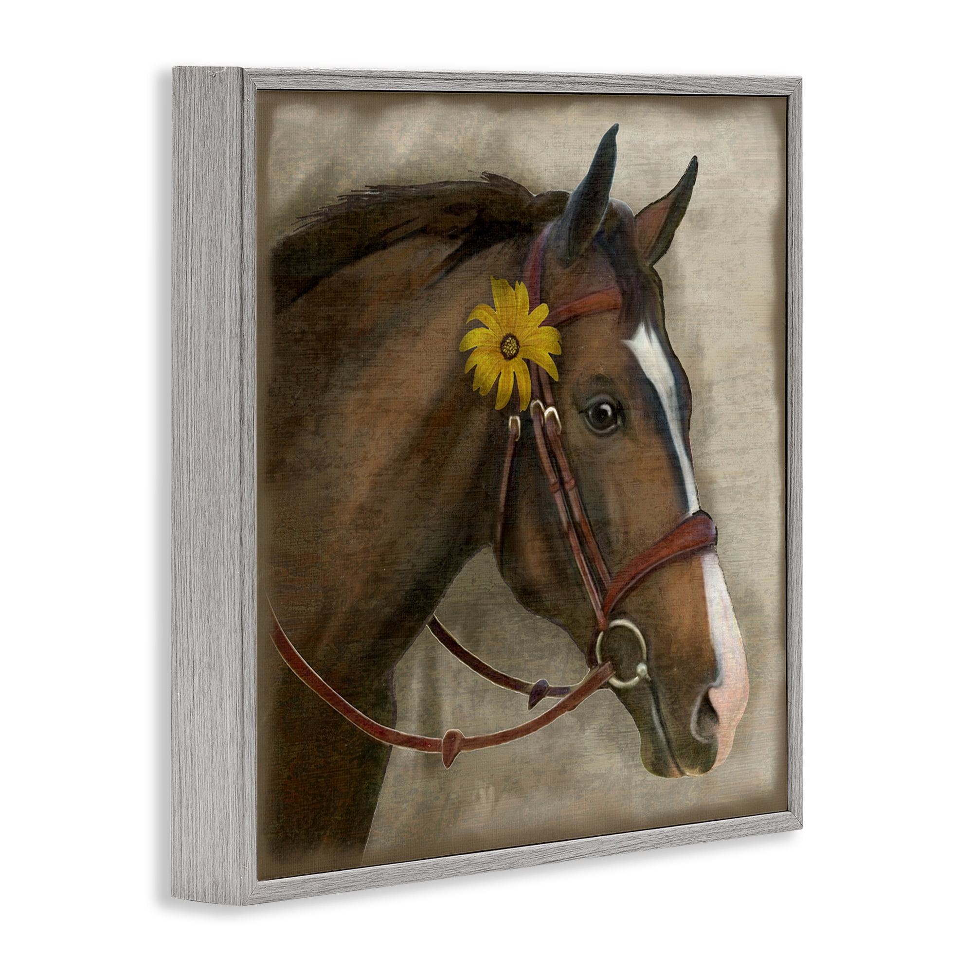 Stupell Industries Barnyard Horse with Daisy Gray Framed Giclee Art, design by Suzanne Nicoll
