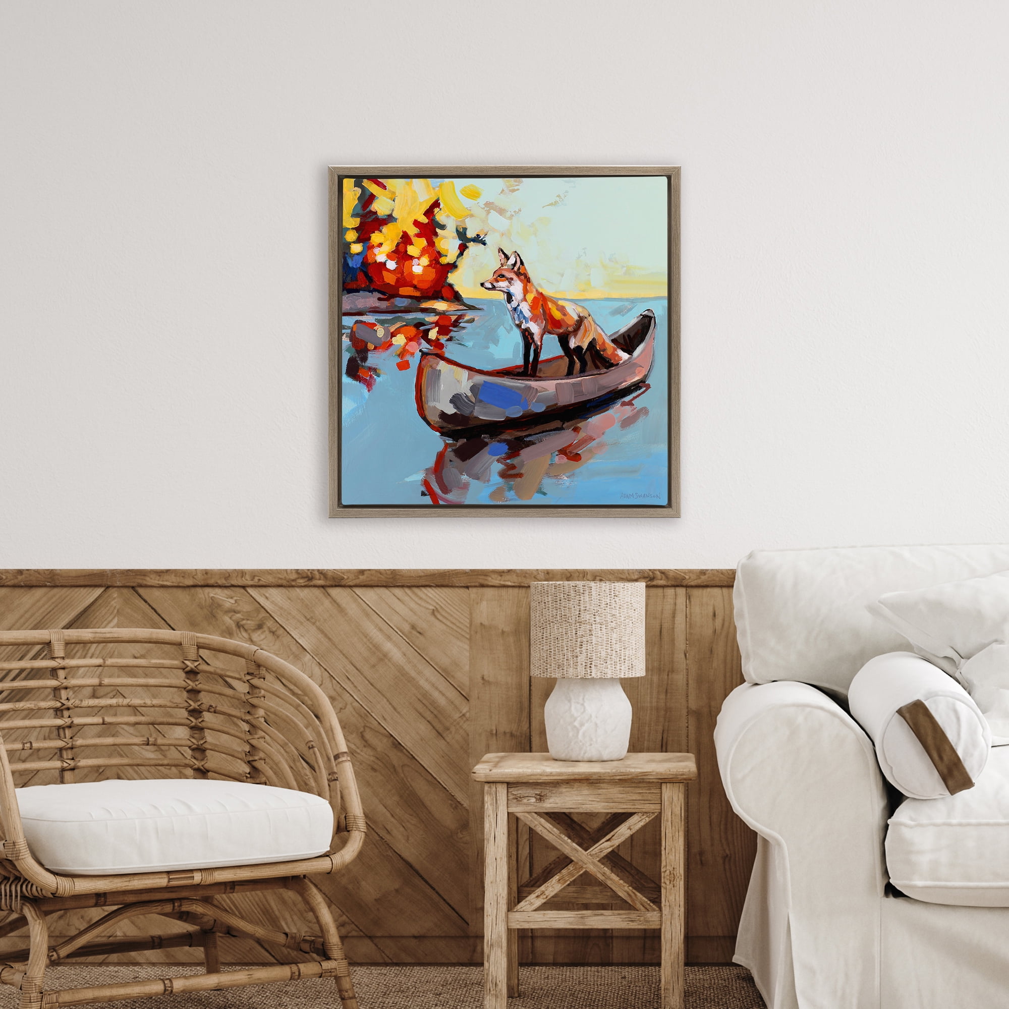 Fox's Voyage on Canoe Brown Framed Floater Canvas Wall Art, design by Adam Swanson