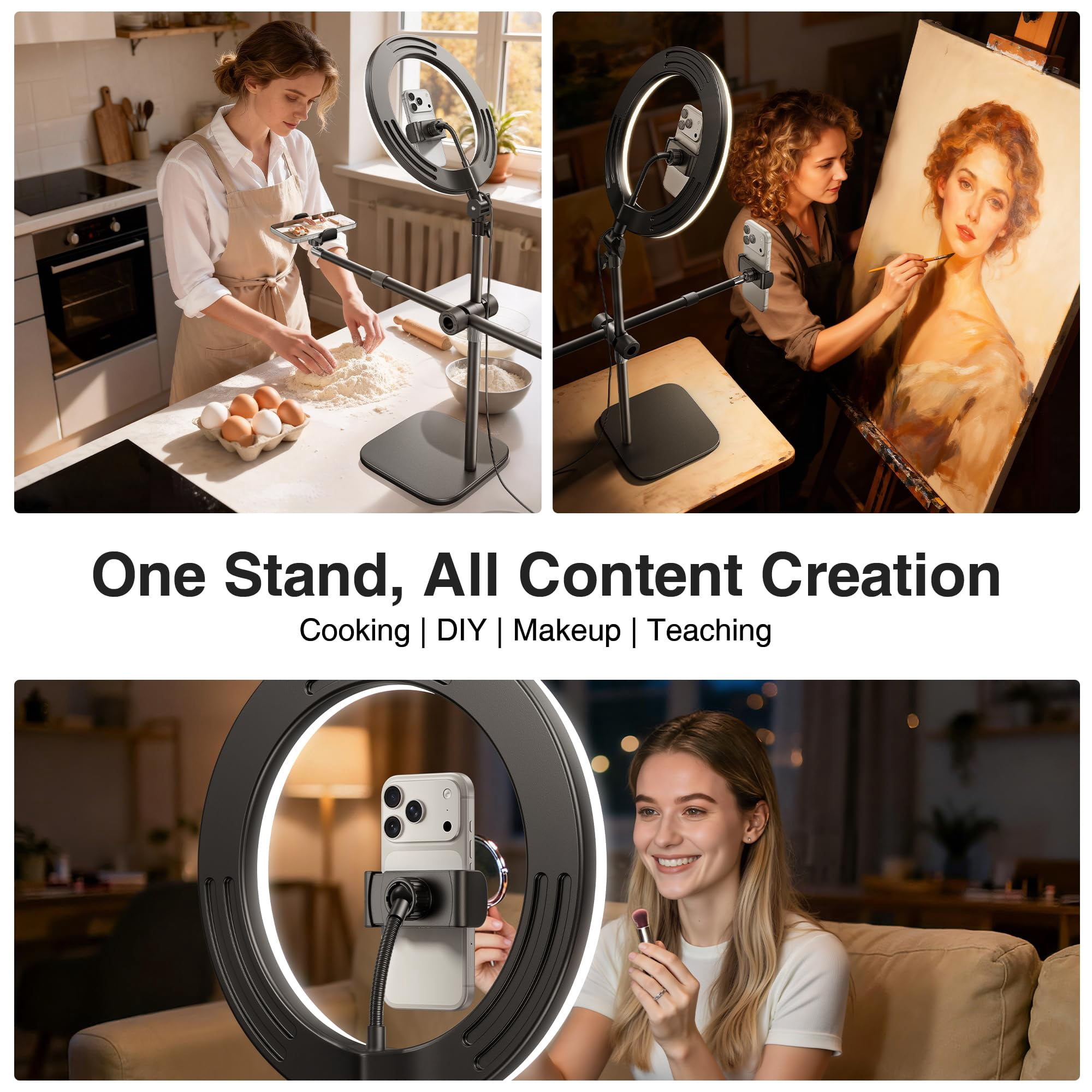 Overhead Phone Mount  Camera Stand [anti-shaking] With 10.5" Ring Light Desk For Video Recording Zoom Meeting