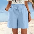 thumbnail image 2 of Shorts Women with Pockets Women's Wide Leg Shorts Fashion Comfy Drawstring Elastic Waist Loose Shorts Lightweight Faux Linen Shorts with Pockets ,Light Blue,M, 2 of 5
