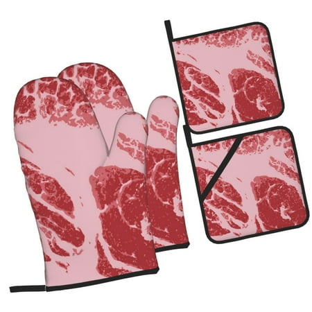 

Haiem Striped Meat Print Extra Long Oven Mitts and Pot Holders 4pc Sets: Heat Resistant Silicone Oven Mittens with Mini Oven Gloves and Hot Pads Potholders