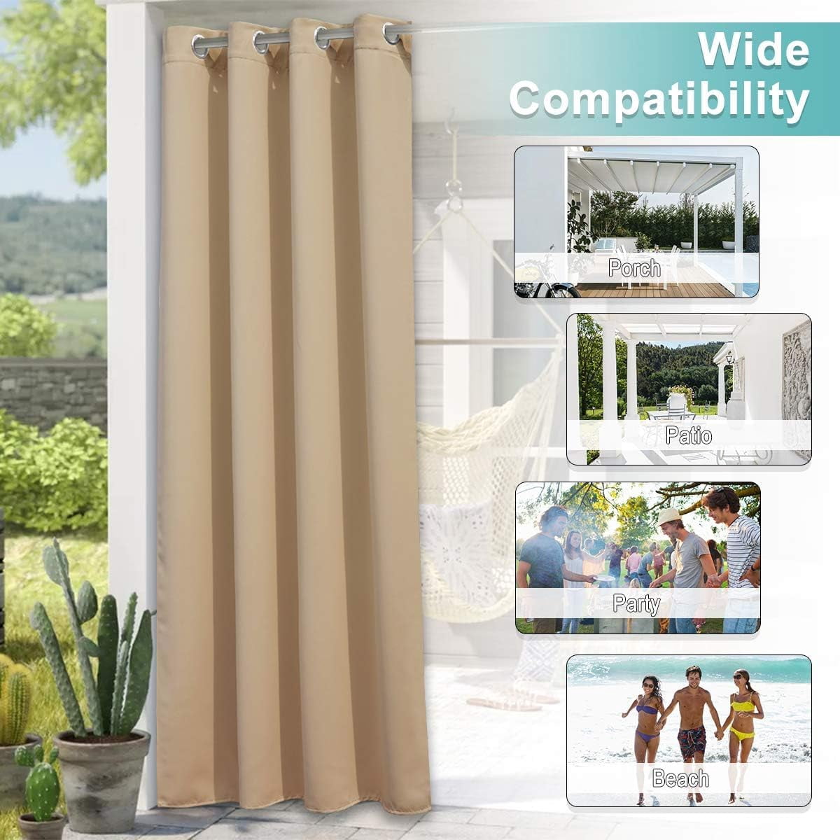 Lapalife Outdoor Curtains for Patio Waterproof Grommet Anti-Tickling Patio Curtains Light Blocking Privacy for Porch, Pergola, 52"x 108", Beige, 1 Panel