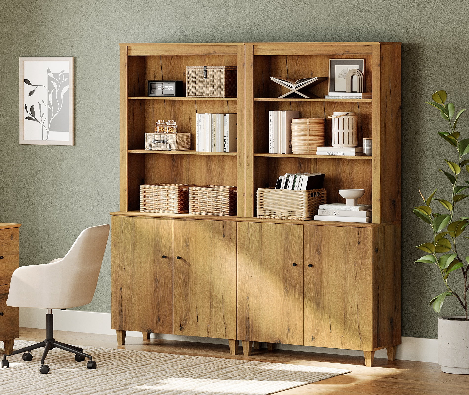 Modern 71" Tall Bookcase with Cabinets, 2 Column 5 Tiers for Home Office,Dark Brown Wood