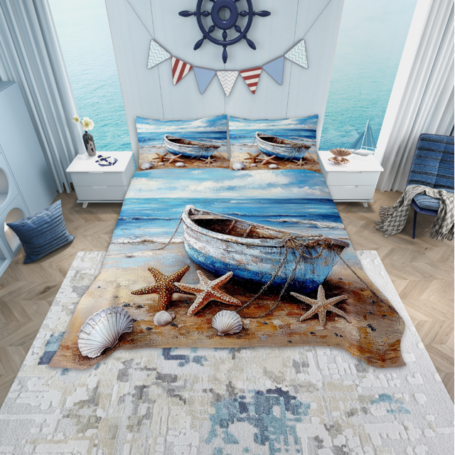 Erosebridal Hawaii Beach Coverlet Set King, Sea Wave Seashell Starfish Bedding Set 3-Piece