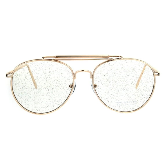 Womens Glitter Lens Metal Flat Top Clip Double Bridge Officer Style Pilots Sunglasses Gold Clear
