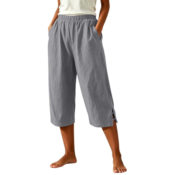 KIHOUT Women High Waisted Wide Leg Capri Pants Solid Color Casual Elastic Waist with Pockets Loose Fit Cropped Trousers for Summer Daily Wear
