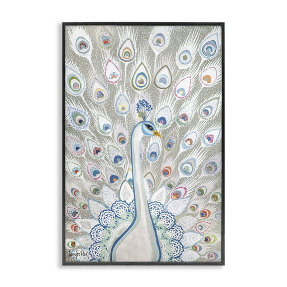 Stupell Industries Neutral Peacock Tail Pattern Animals & Insects Painting Black Framed Art Print Wall Art, 12 x 18