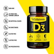 Vitamin D3 1000iu Softgels Supplement - PhiNaturals - Olive Oil Base 365 Gel Caps One Year Supply of Vit D, Vitamina D 3 1000 iu