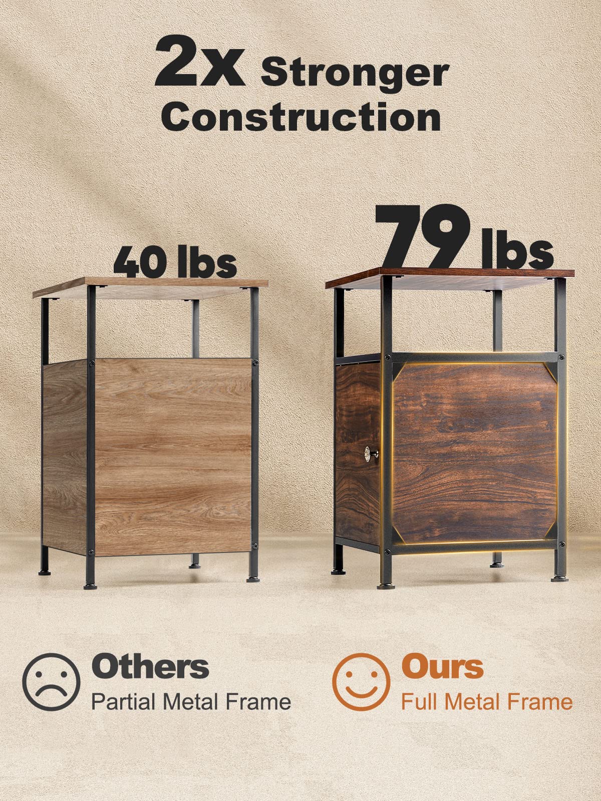 2-Tier Rustic Full Metal Frame Nightstand Table Bedside End Table with Drawer for Livingroom Bedroom