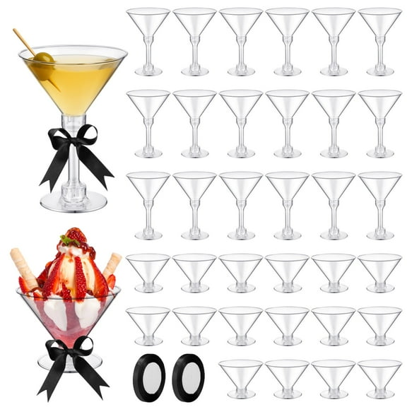 48PCS Martini Glasses, Plastic Party Cups with Black Ribbons, Clear Martini Cups, Unique Cocktail Glasses, Removable Base with Adjustable Heights, Bridal Shower Bachelorette Supplies