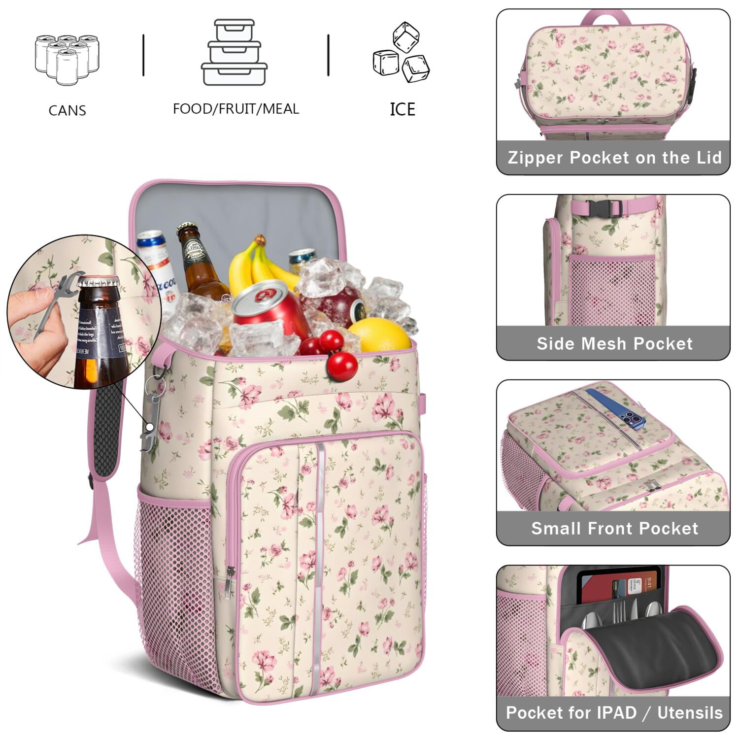 Travel Cooler Bag - Pioneer Flower Floral Print Pattern Camping Beer Cooler Backpack with Bottle Opener- Waterproof Insulated Picnic Backpacks - Cooler Bag for Beach