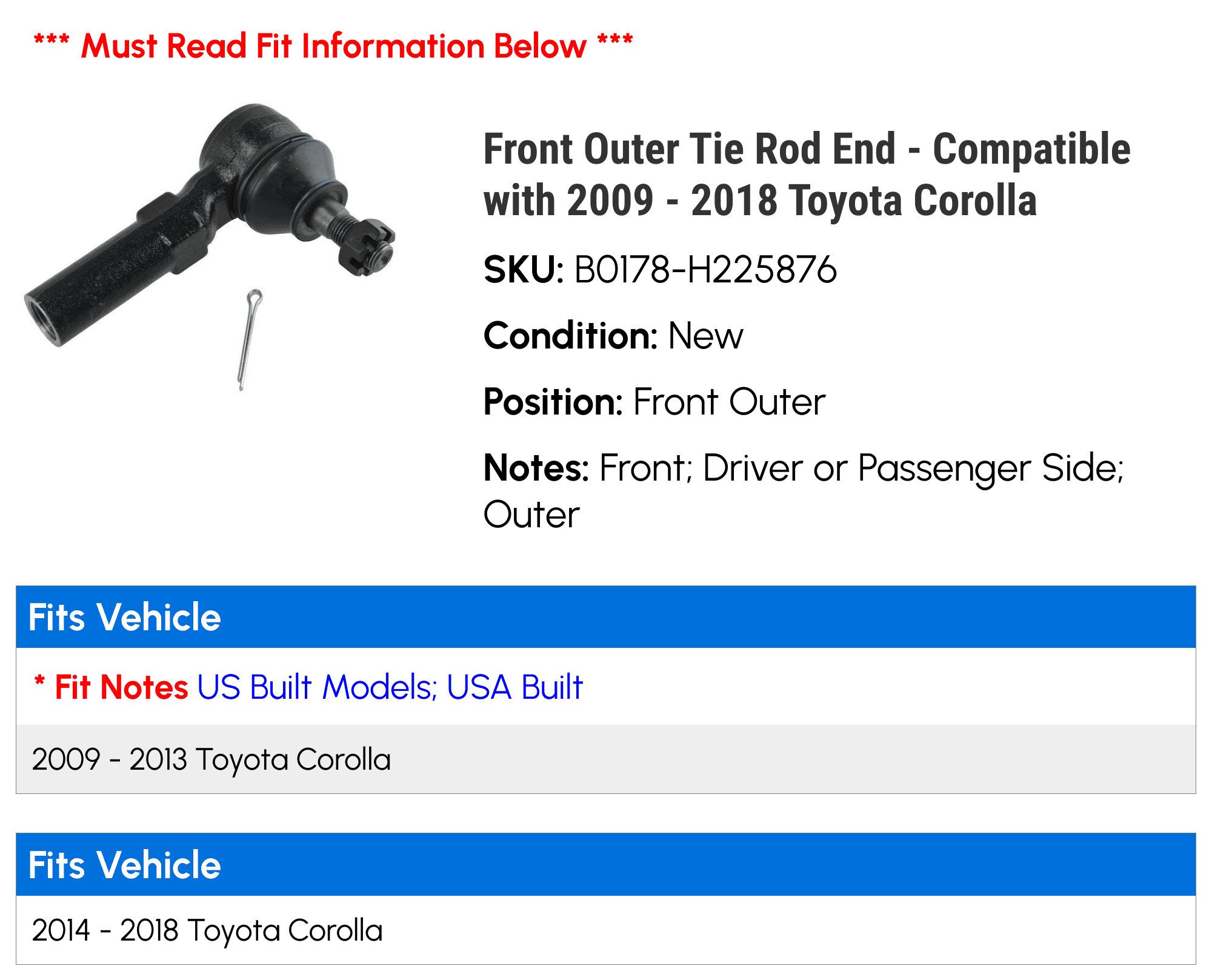 Front Outer Tie Rod End - Compatible with 2009 - 2018 Toyota Corolla 2010 2011 2012 2013 2014 2015 2016 2017