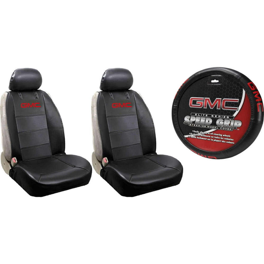 2 Front Synthetic Leather Sideless Seat Covers & Steering Wheel Cover Set for GMC Car Truck SUV