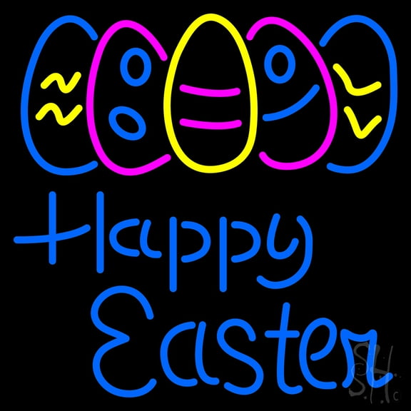 Happy Easter With Egg 2 LED Neon Sign 24 x 24 - inches, Clear Edge Cut Acrylic Backing, with Dimmer - Bright and Premium built indoor LED Neon Sign for special occasion decor.