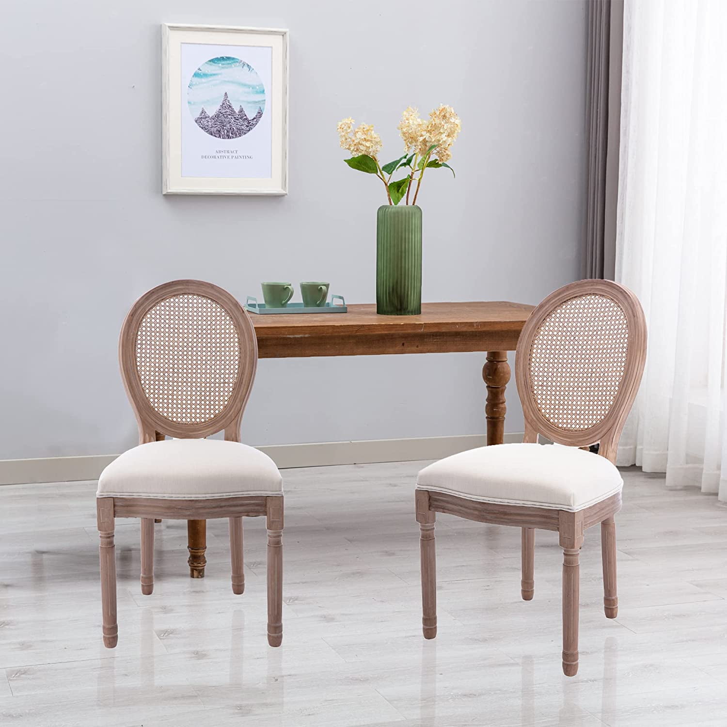 Sumdeal French Dining Chairs Set, Upholstered Vintage Farmhouse Chair,Mid Century Fabric Chair with Solid rubberwood Leg for Dining Room Bedroom Kitchen Restaurant