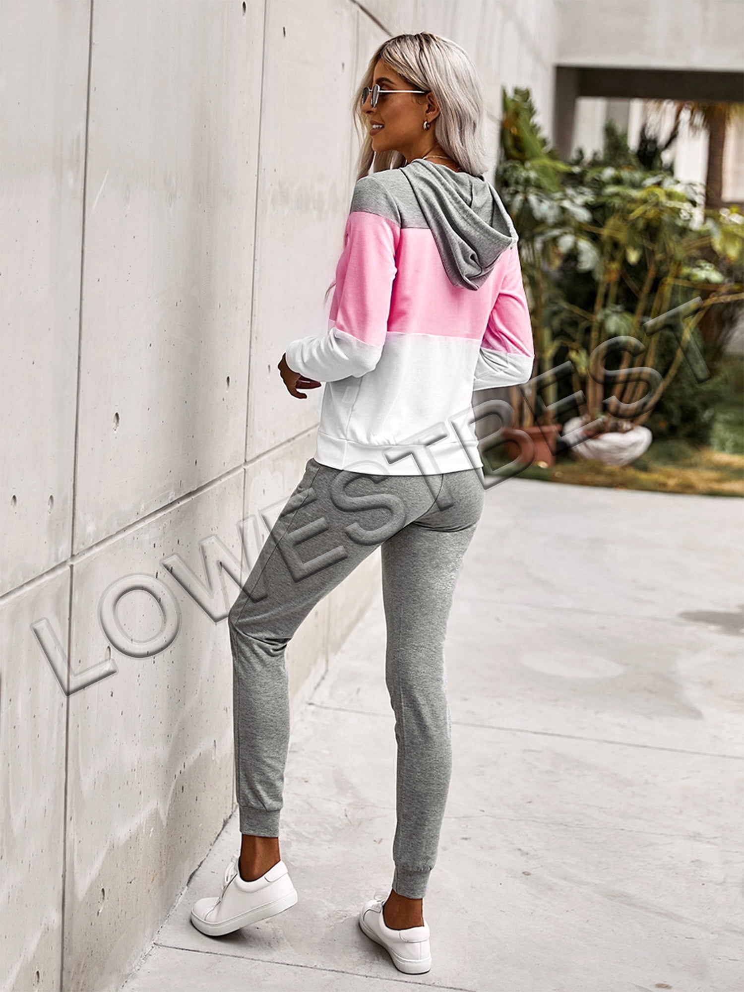 Casual Graphic Ladies Joggers Jogging Tracksuit Bottoms Grey with Fushia Large Eye Catch
