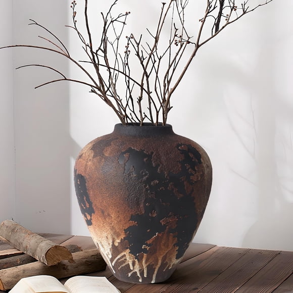 Rustic Vase for Flowers, 8.9'' Brown Farmhouse Ceramic Vases for Home Decor, Minimalist Decorative Vase for Living Room, Entryway