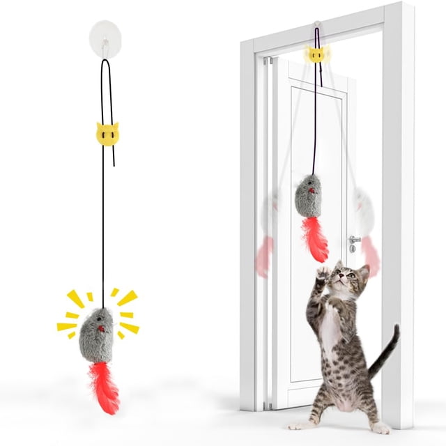 Ratón elástico para colgar en el marco de la puerta, juguete para gatos con sonido chirriante, no requiere pilas, ratón interactivo con cola de plumas.