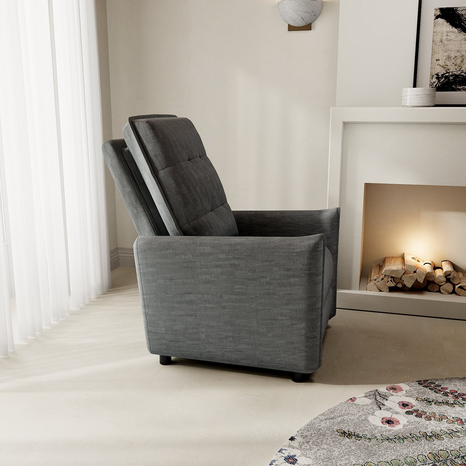 Chenille Fabric Recliner Chair with Manual Push Back Recline, Overstuffed High-Density Foam & Metal Frame, Adjustable Footrest for Living Room, Gray
