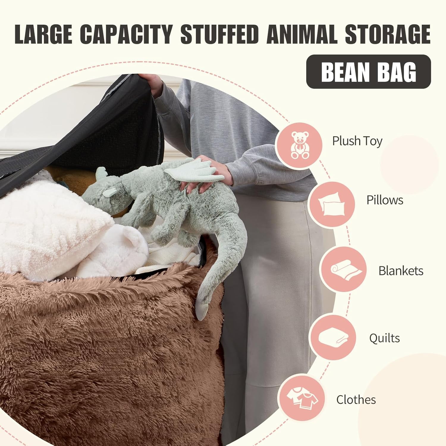 Big Bean Bag Cover Only, Washable Oversized Bean Bag Chairs Cover for Adults, Fluffy Plush Bean Bags Cover for Adults Teenagers Without Filler Included, 7FT, Khaki