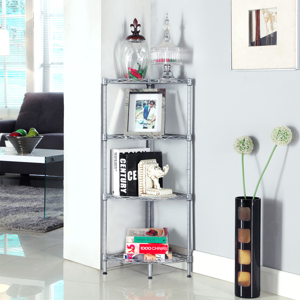 LANGRIA 4Tier QuarterCircle Corner Shelving Unit, Silver Gray