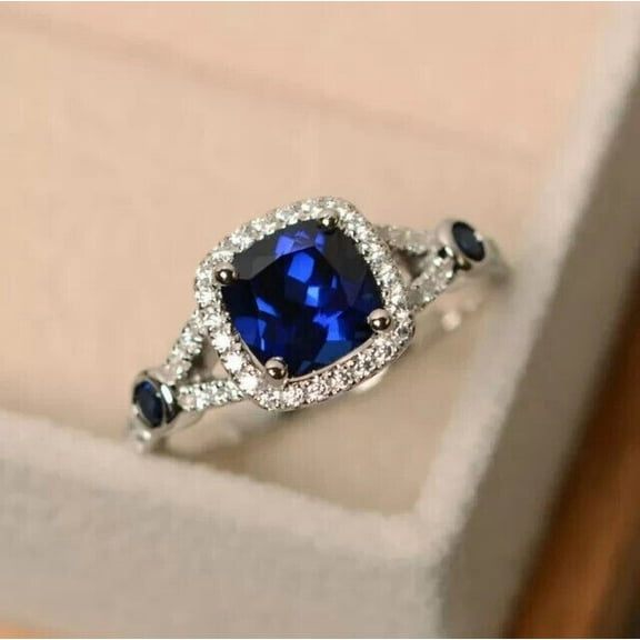 Gems Jewels 2.70 Ctw Cushion Cut Blue Sapphire & Diamond Wedding Anniversary Engagement Halo Ring 14K White Gold Plated 925 Sterling Silver 925 Sterling Silver -7