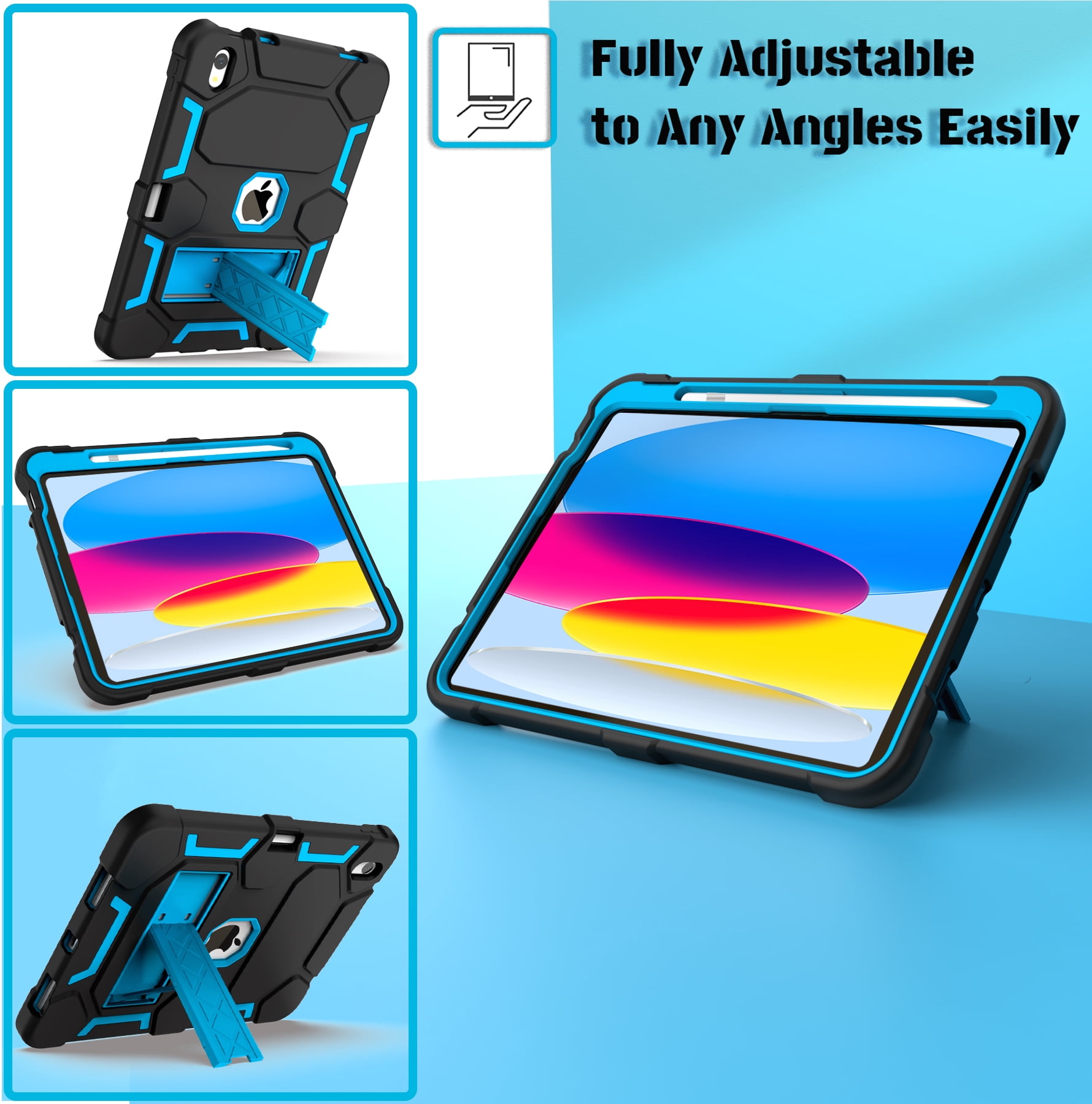 Rantice Case for iPad (A16) 11th/10th Generation(2025/2022), iPad 10th Case with Kickstand & Pencil Holder, Heavy Duty Shockproof Hybrid Three Layer Protective Cover for Girls Women, Black+Sky Blue