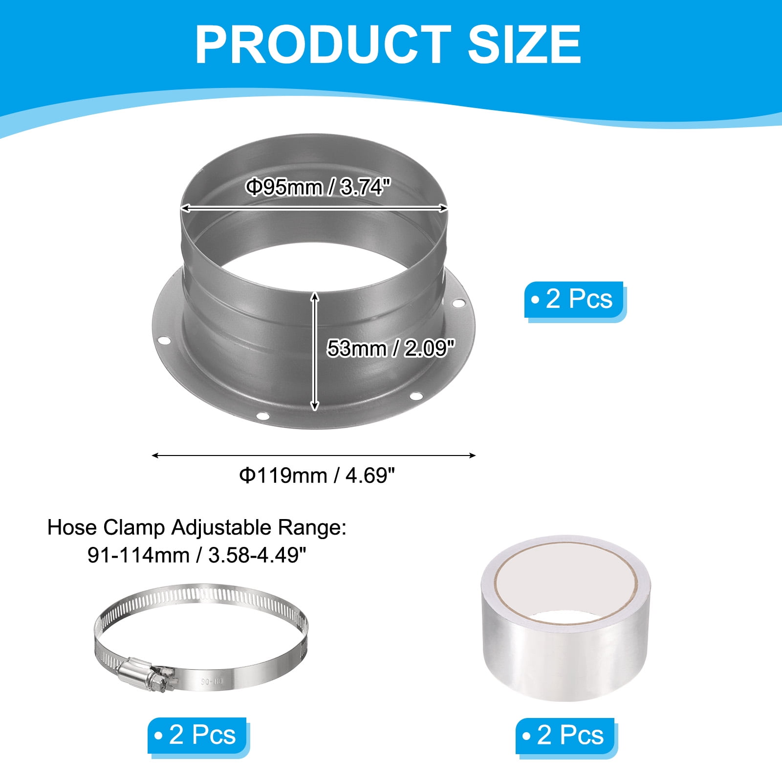 Uxcell 4" Duct Connector Flange, 2 Pack Metal Straight Pipe Flange with Clamp, Silver