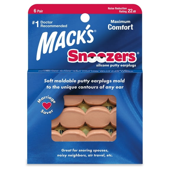 Mack's Snoozers Silicone Putty Earplugs - 6 Pair - Comfortable, Moldable Silicone Ear Plugs for Sleeping, Snoring, Loud Noise & Traveling