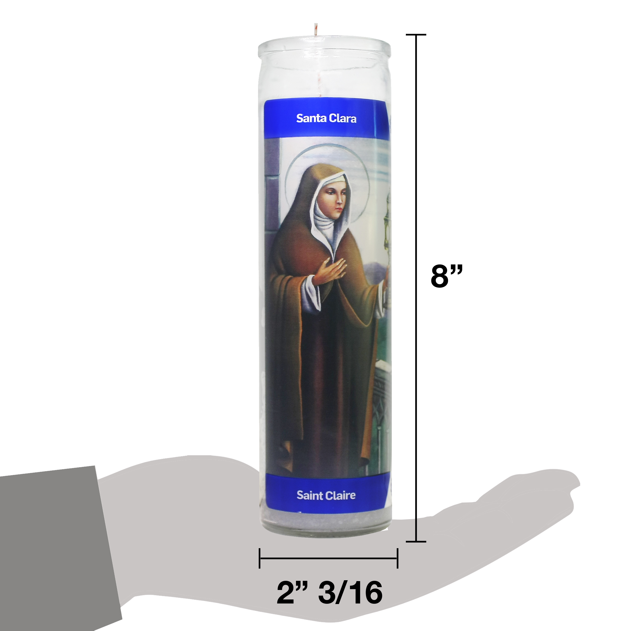 Luminaria Santa Clara White Unscented Religious Candle in Glass, 8 inches Tall