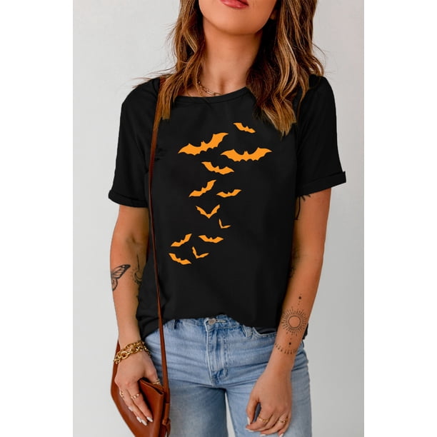 ABPHQTO Camiseta gráfica con cuello redondo y estampado gráfico de murciélago negro para mujer