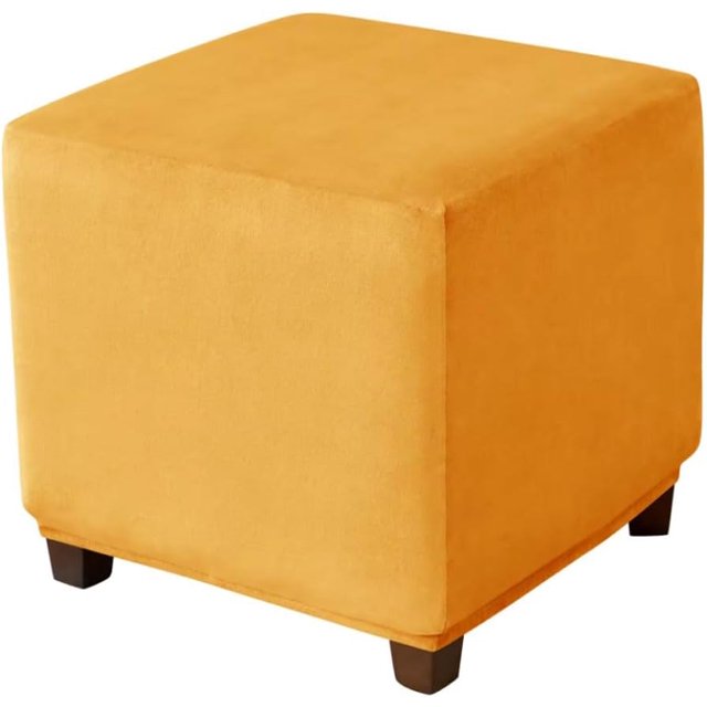 Ottoman Cover Square Velvet Ottoman Covers Protector for Footrest Foot Stool Furniture Stretch Comfortable with Elastic Bottom Small Yellow