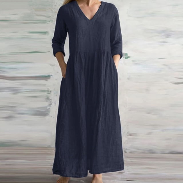 Robes d'Été Mode Femmes Printemps/été Col en V Manches 3/4 Robe en Coton Lin Grande Taille Robe T-Shirt pour Femmes en Solde