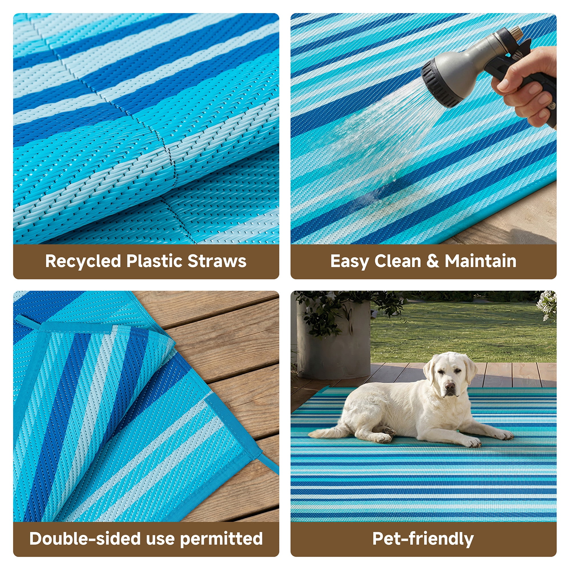 BERTHMEER 5'x8' Striped Outdoor Plastic Straw Rugs on Clearance Waterproof Patio Camping Porch RV Deck Pool Rugs, Blue