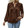 thumbnail image 2 of HongQid Womens V Neck Velvet Tops Lantern Long Sleeve Button Up Pleated Work Elegant Blouses, 2 of 7