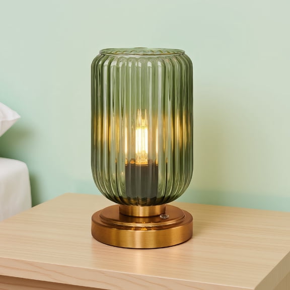 1-Pack Cordless Table Lamp with Green Glass Shade, Dimmable, 7500mAh Rechargeable, Brushed Gold Base, Bulb Included