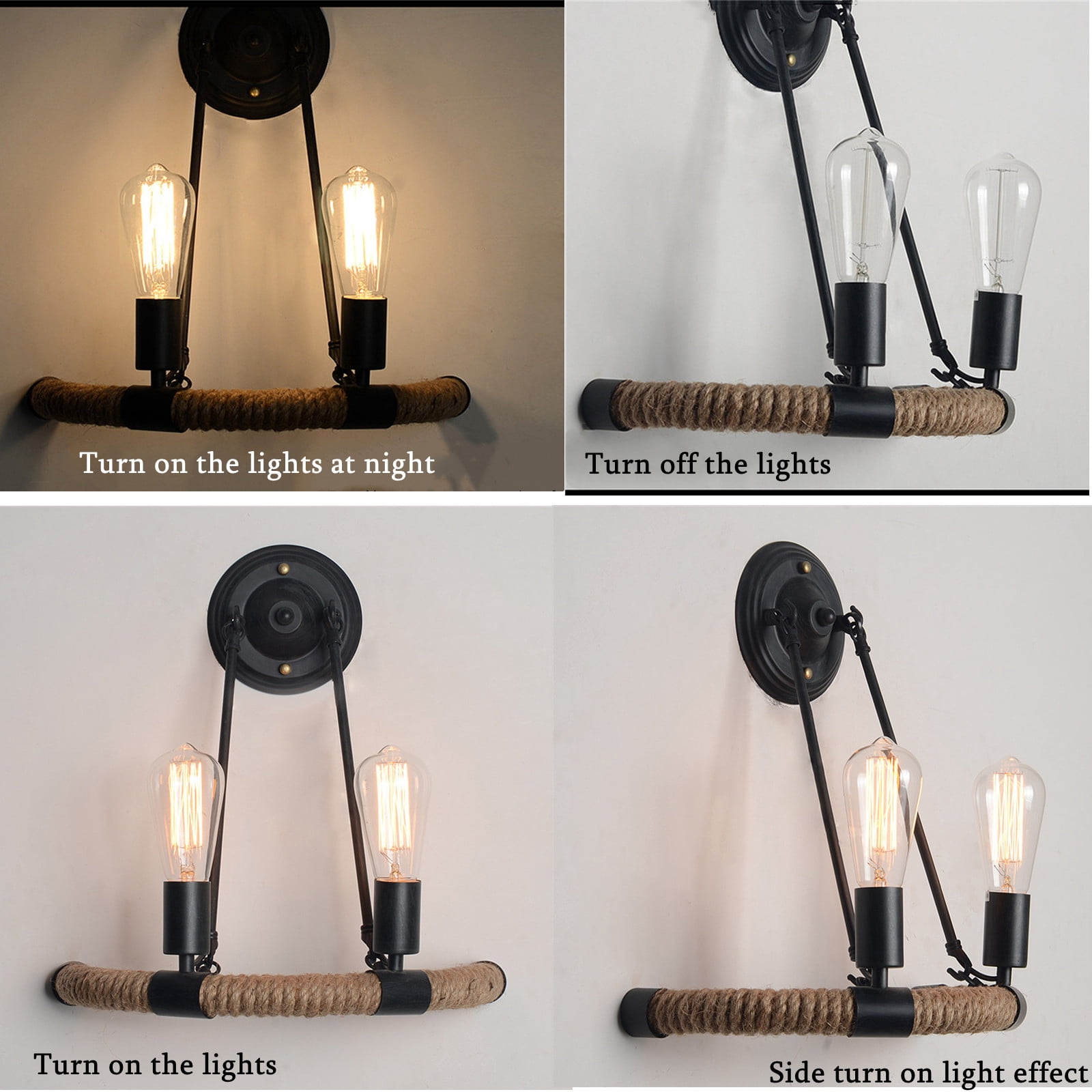 COOBATG Industrial Hemp Rope Wall Sconce, 15.7"x17" Black Metal Dual E27 Vintage Wall Lamp for Bar Hallway Bedroom Decor