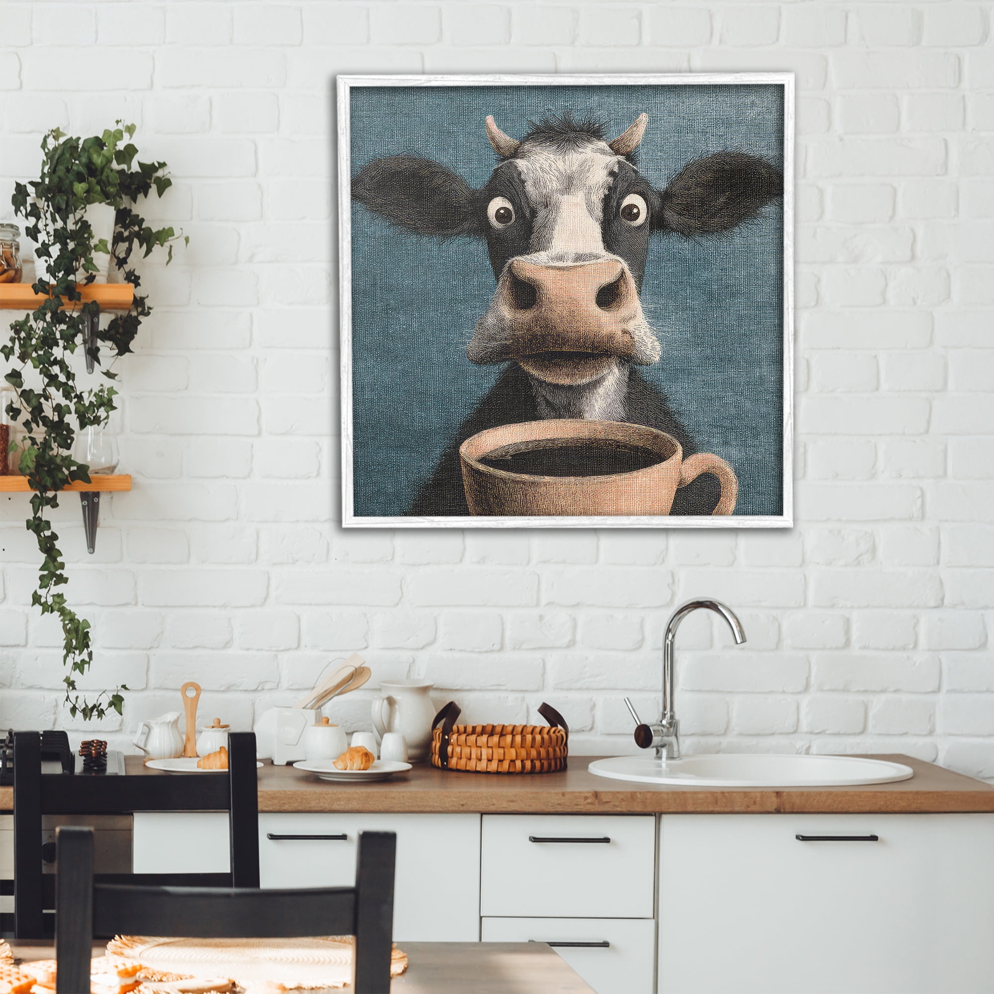 Stupell Industries Grumpy Cow & Coffee White Framed Giclee Art, design by The Wands Want