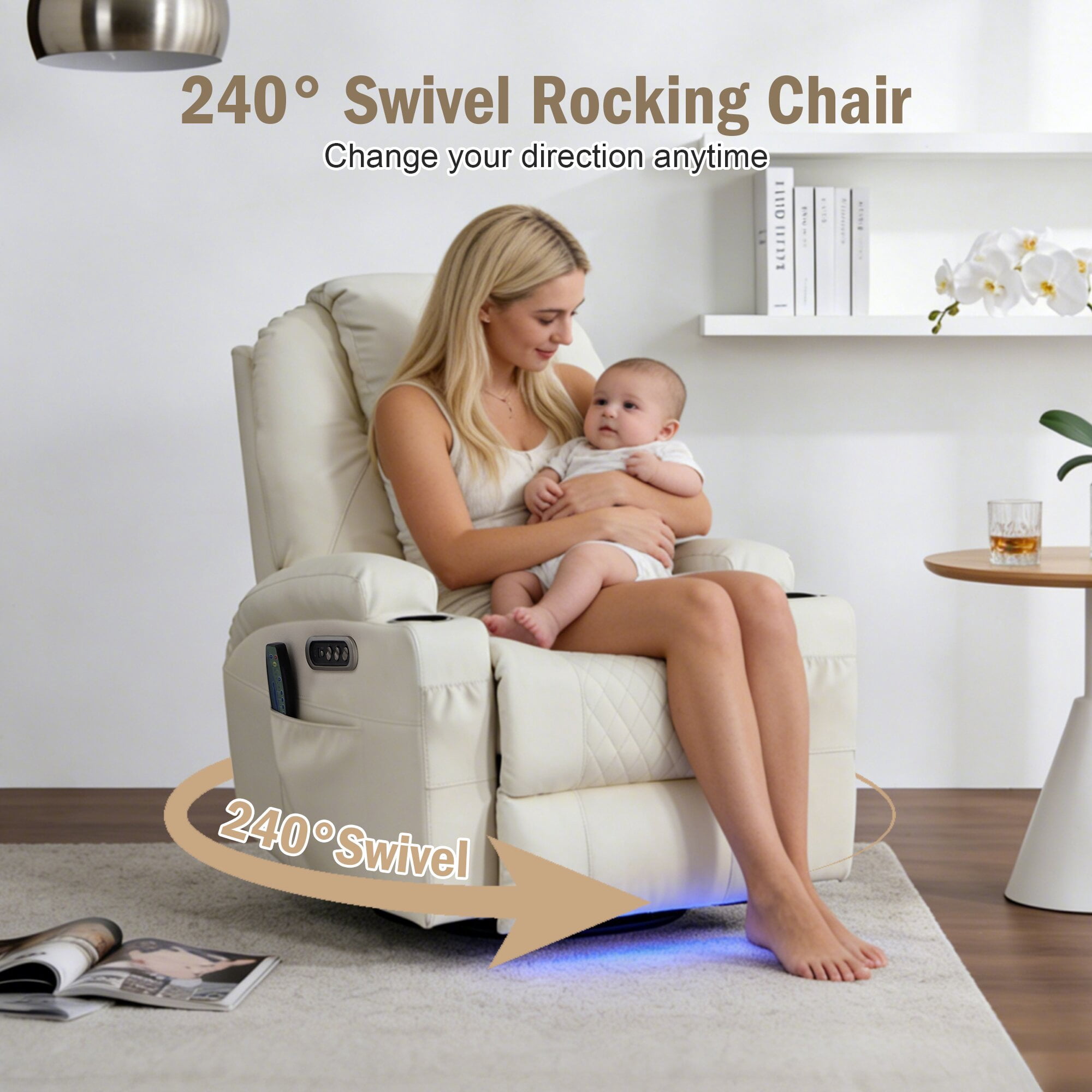 QJTC Power Swivel Rocker Recliner Chair for Living Room - Rocking Recliner with Heat and Massage/Cup Holder/LED Lights/USB & USB-C Ports,Beige