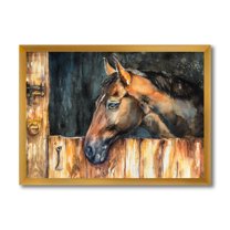 Designart 'Close Up Of The Head of A Horse In Stable' Farmhouse Framed Art Print