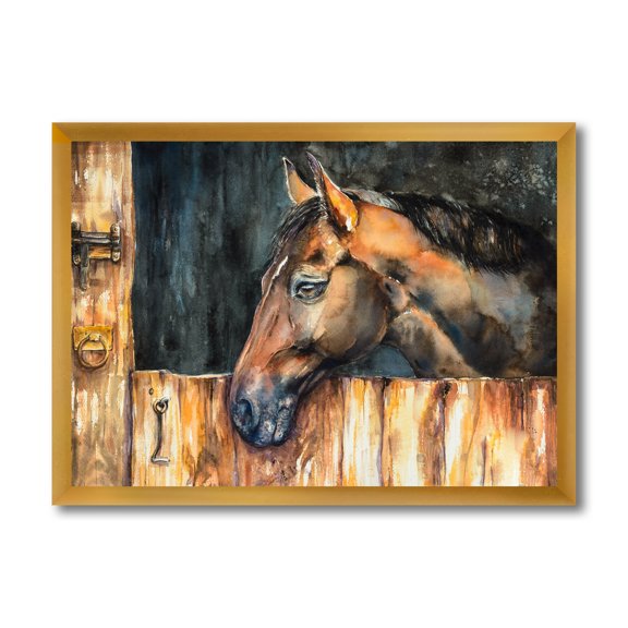 Designart 'Close Up Of The Head of A Horse In Stable' Farmhouse Framed Art Print