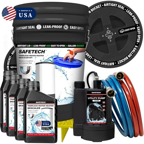 Safetech Tankless Water Heater Flushing Kit with 5-Gallon Screw-Top Lid, Premium Braided Hoses, 1/6 HP Utility Pump, 4 Quarts Descaler