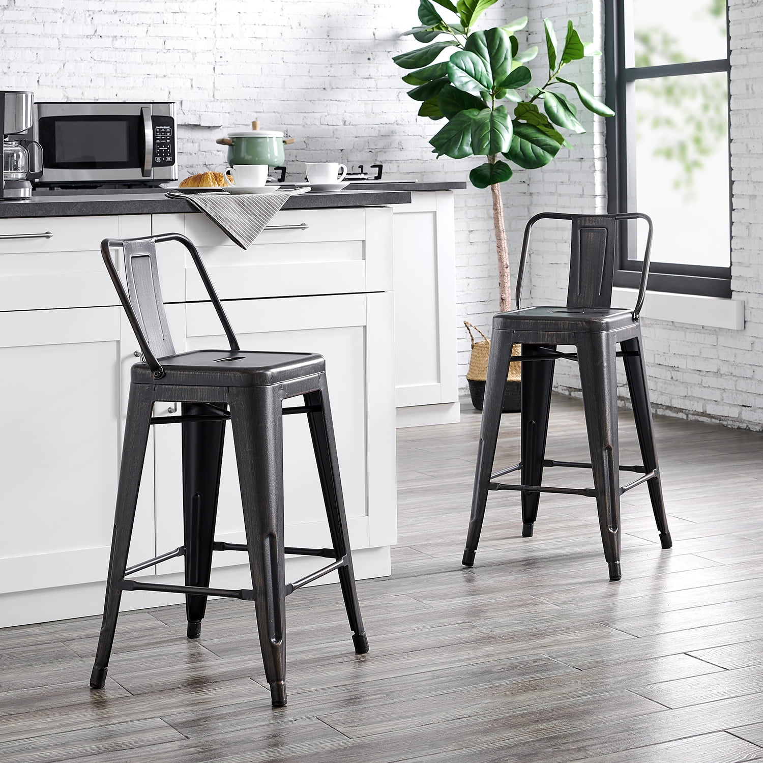 24"Metal Barstool,Country Rustic Style with Back, Kitchen Counter Bar Stool, Lightweight & Sturdy Build, Set of 4
