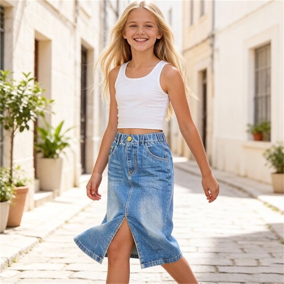 FSYBOA Girls Denim Skirt, School Casual Mid Length Summer Kids Jean Skirt Blue Size 6T